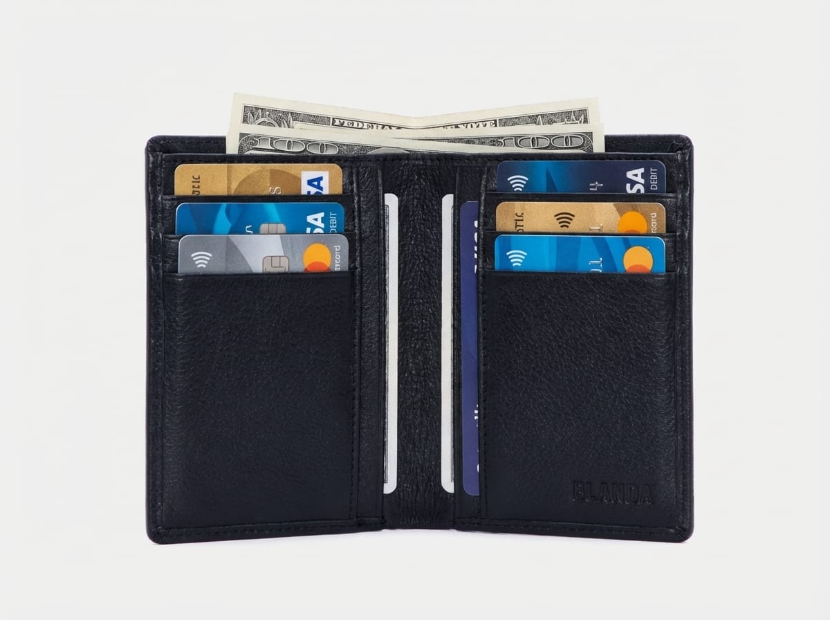 Bên trong ví da đứng nam mở ra, hiển thị các ngăn đựng thẻ tín dụng, ngăn tiền mặt và ngăn bí mật, minh họa thiết kế tiện dụng