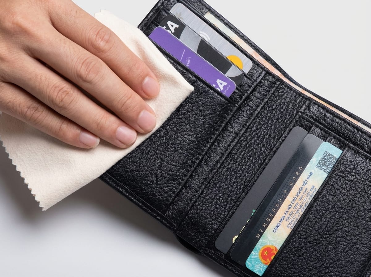 Cách vệ sinh ví da đứng đúng cách bằng khăn mềm và dung dịch chuyên dụng.