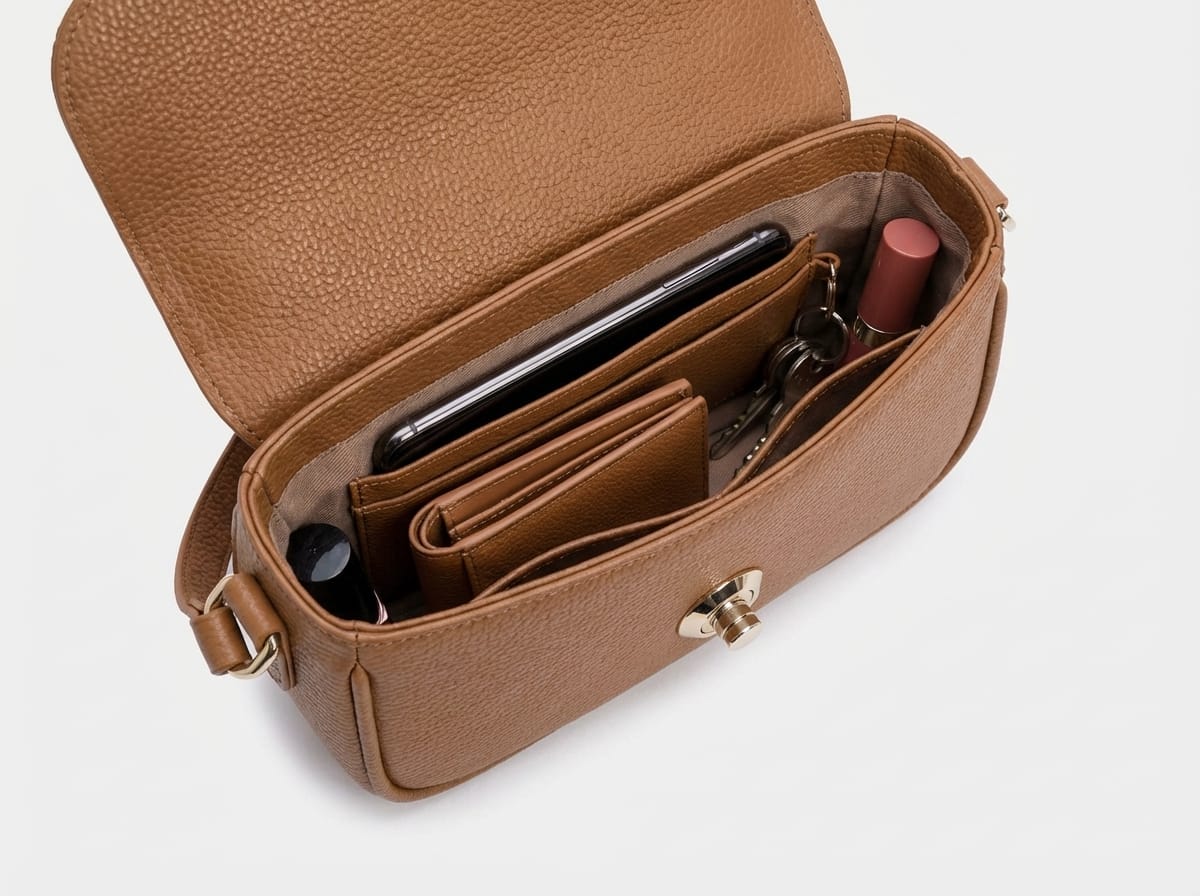 Bên trong túi đeo chéo nữ 9TNBH172 Woman Messenger Crossbody Bag với điện thoại, ví, son môi