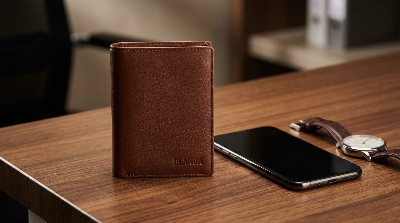 Ví da đứng nam màu nâu sang trọng đặt trên bàn gỗ, cạnh điện thoại và đồng hồ, minh họa cách chọn ví da đứng nam